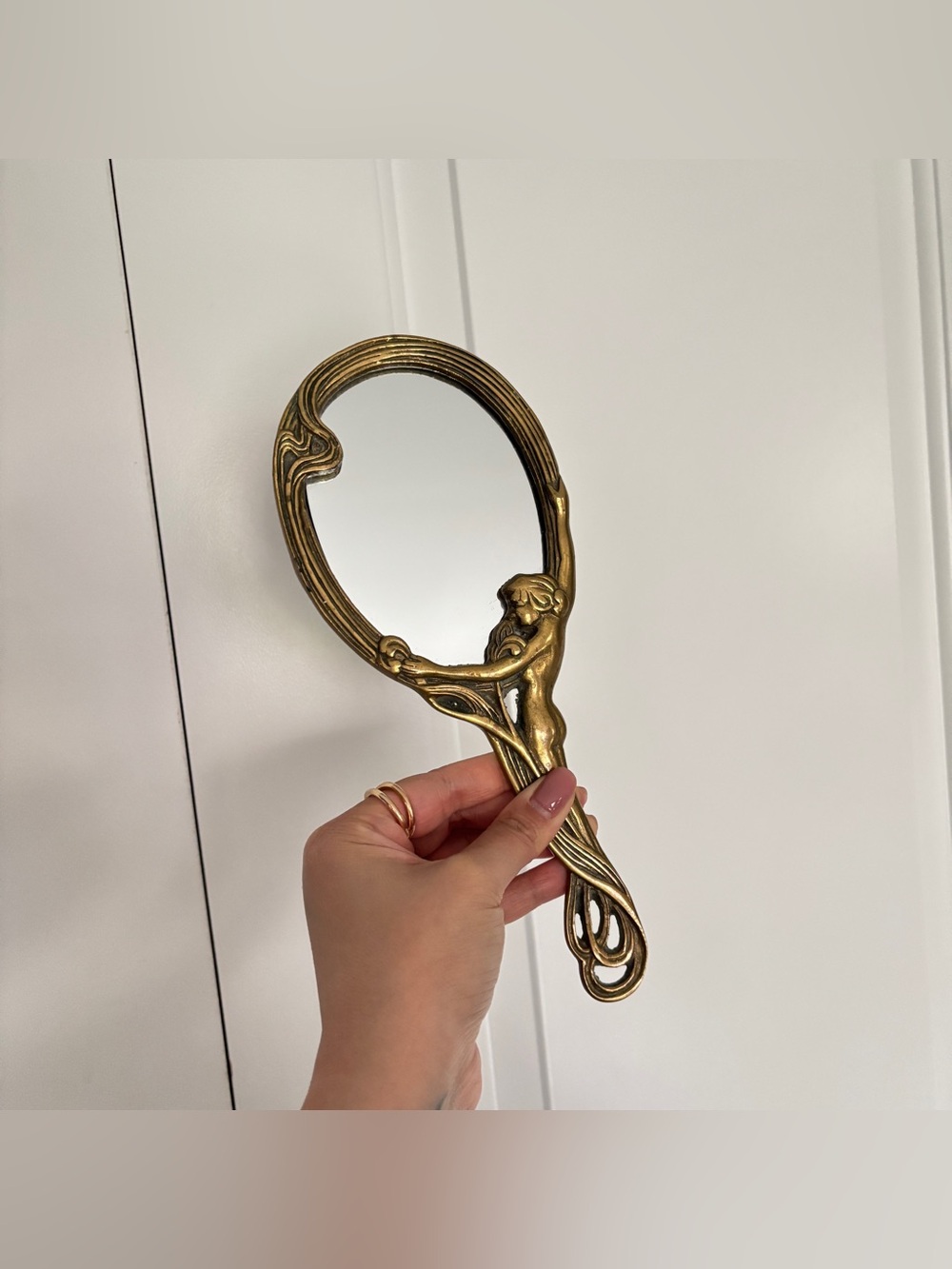 Vintage Brass Art Nouveau Hand Held Vanity Mirror